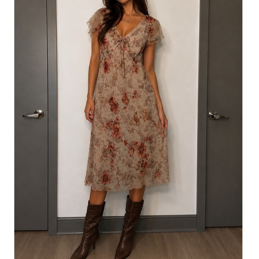 Studio C y2k Floral Paisley Mesh Midi Dress Flutter Sleeve Boho Tan Rust o3